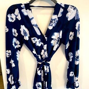 Blue Navy  Long Sleeve Floral Belted Blouse with V neck